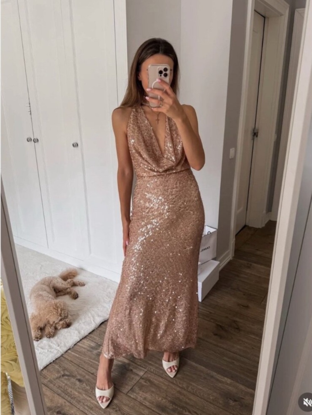 Zara Sequin Mesh Halter Neck Maxi Dress NWT Rose Gold Champagne Size Small - Picture 1 of 10